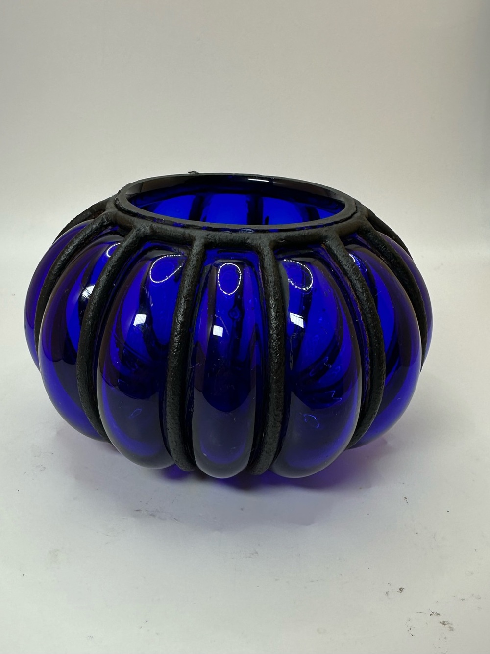 Vtg Iron Caged Bubble Glass Candle Holder Hand Blown Blue Glass Brutalist Style
